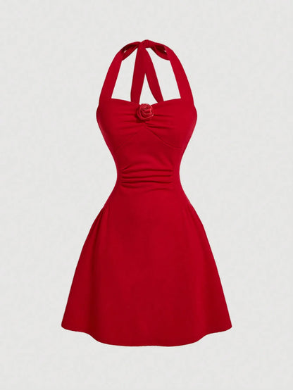 Vestido Halter Con Lazo Rojo