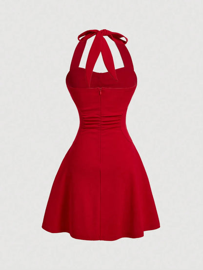 Vestido Halter Con Lazo Rojo