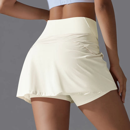 Falda de Yoga de bádminton, falda de tenis, cintura alta, transpirable, secado rápido, elasticidad, doble capa, mallas interiores