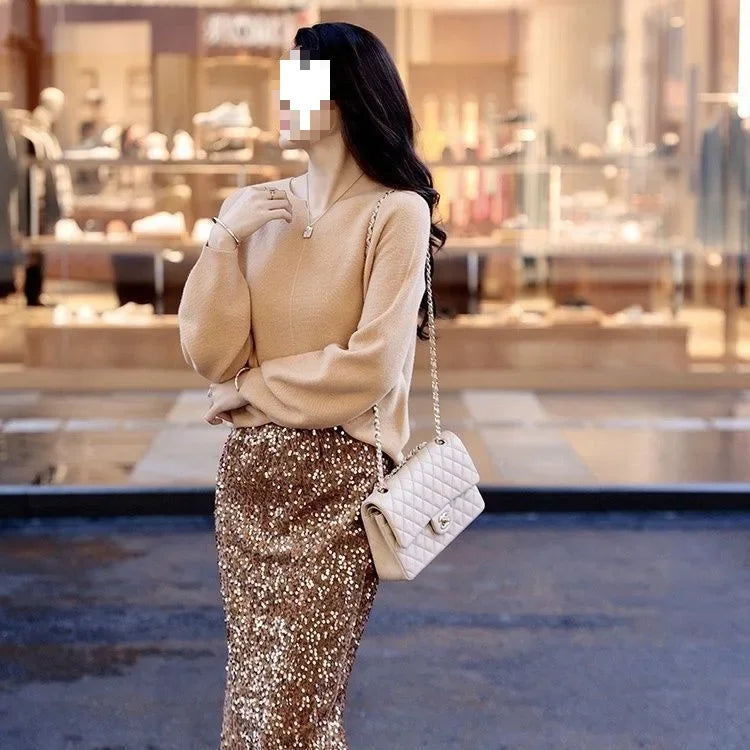 Falda de Cintura Alta con Lentejuelas