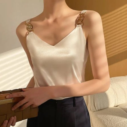 Camiseta sin mangas de satén negro con cuello en V, Top liso a la moda sin mangas para mujer, Tops sexis con espalda descubierta y espagueti de seda elegante con temperamento para verano 2024