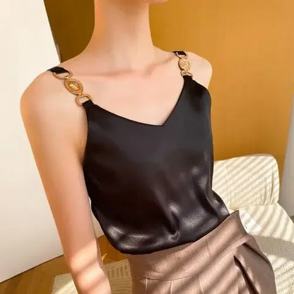 Camiseta sin mangas de satén negro con cuello en V, Top liso a la moda sin mangas para mujer, Tops sexis con espalda descubierta y espagueti de seda elegante con temperamento para verano 2024
