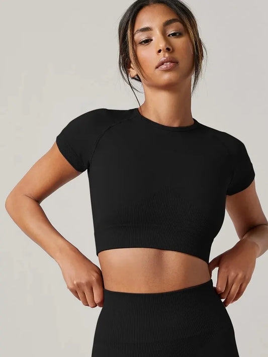 Top de Yoga sin Costuras de Manga Corta - Negro