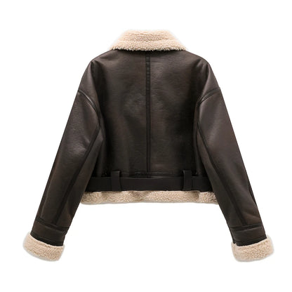 ZVRI 2023 nueva moda mujer gruesa cálida chaqueta de piel de oveja sintética abrigo Vintage de manga larga cinturón dobladillo exterior femenino