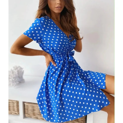 Vestido informal de manga corta con estampado de lunares para mujer, vestido informal a la moda con cuello en V y cinturón para ir al trabajo, vestido de fiesta para mujer