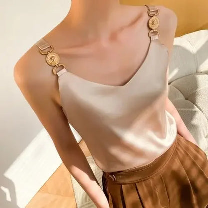 Camiseta sin mangas de satén negro con cuello en V, Top liso a la moda sin mangas para mujer, Tops sexis con espalda descubierta y espagueti de seda elegante con temperamento para verano 2024