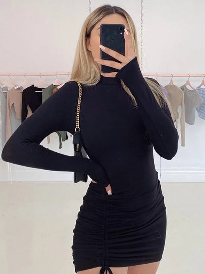 Vestido Ajustado Fruncido de Manga Larga - Negro