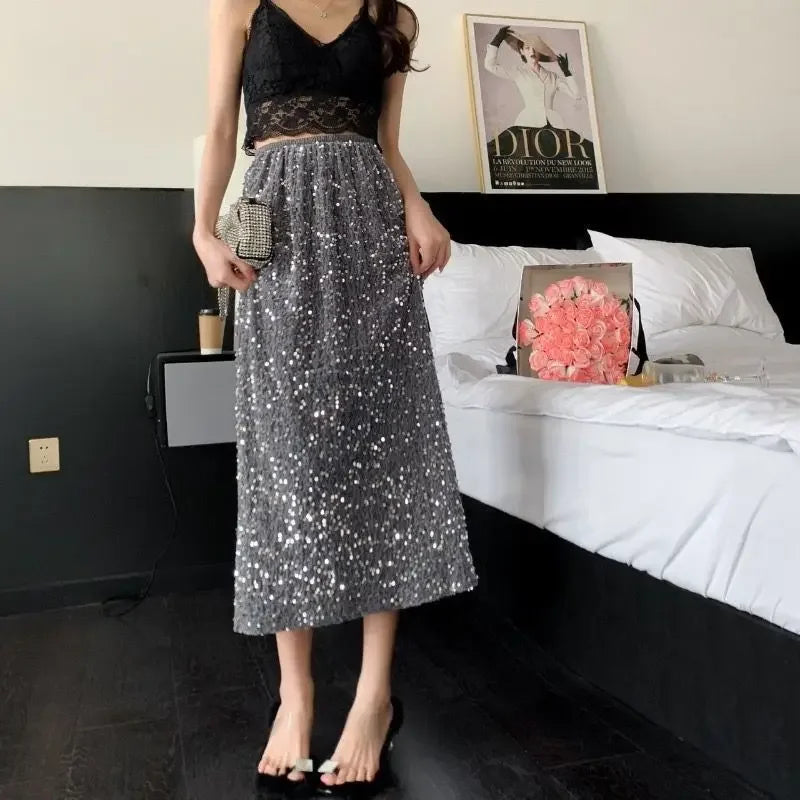 Falda de Cintura Alta con Lentejuelas