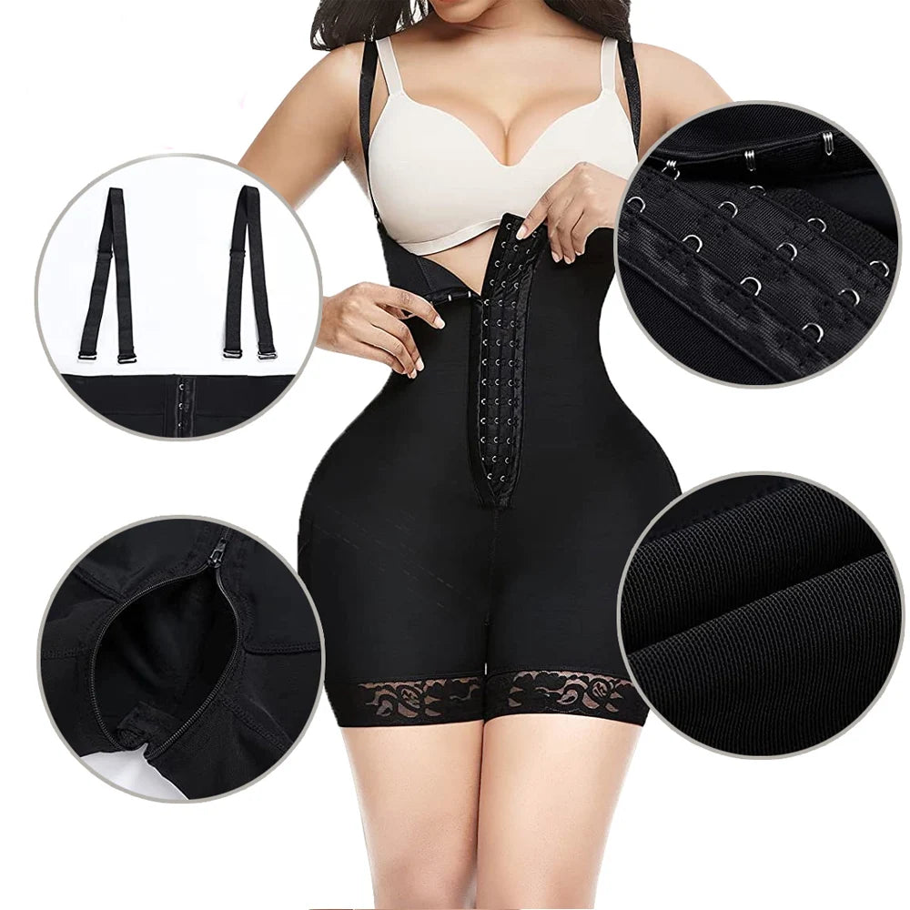 Faja colombiana tipo short con tirantes y control de abdomen - Broches - Negro / XS