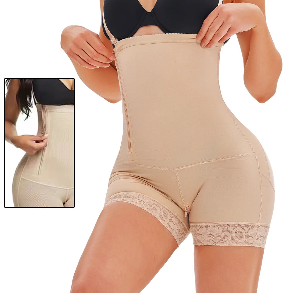 Faja colombiana tipo short con tirantes y control de abdomen - Cierre - Beige / XS