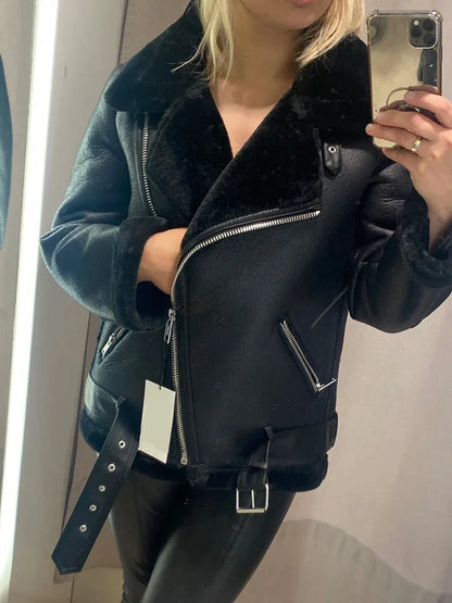 Ailegogo, abrigos de invierno para mujer, piel sintética gruesa, piel de oveja, chaqueta de piel para mujer, prendas de vestir de aviador, Casaco Feminino