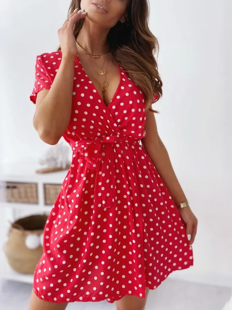 Vestido informal de manga corta con estampado de lunares para mujer, vestido informal a la moda con cuello en V y cinturón para ir al trabajo, vestido de fiesta para mujer