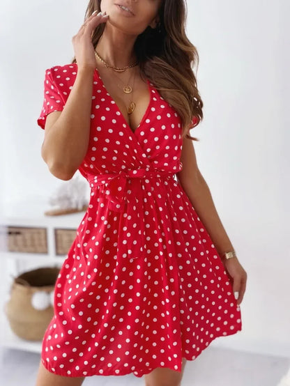 Vestido informal de manga corta con estampado de lunares para mujer, vestido informal a la moda con cuello en V y cinturón para ir al trabajo, vestido de fiesta para mujer