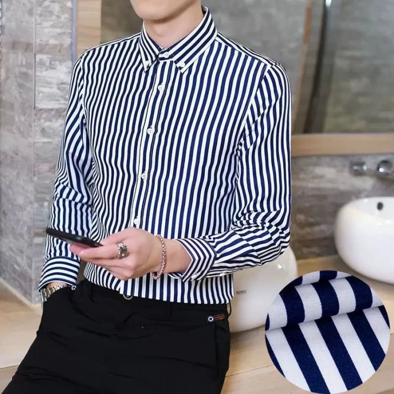 Camisa a rayas de manga larga para hombre, sin planchado, cómoda y transpirable, nueva ropa de primavera, camisa de negocios informal de alta calidad para hombre.