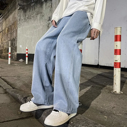 Ropa nueva de calle para hombre, pantalones vaqueros holgados de estilo coreano a la moda, pantalones de pierna ancha rectos holgados, ropa de marca para hombre, negro, azul claro, 2024
