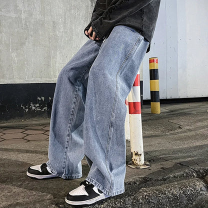 Ropa nueva de calle para hombre, pantalones vaqueros holgados de estilo coreano a la moda, pantalones de pierna ancha rectos holgados, ropa de marca para hombre, negro, azul claro, 2024