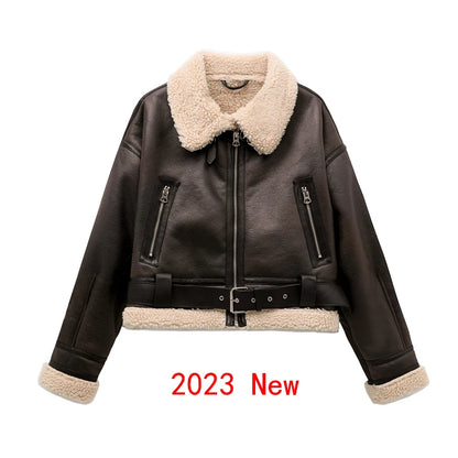ZVRI 2023 nueva moda mujer gruesa cálida chaqueta de piel de oveja sintética abrigo Vintage de manga larga cinturón dobladillo exterior femenino