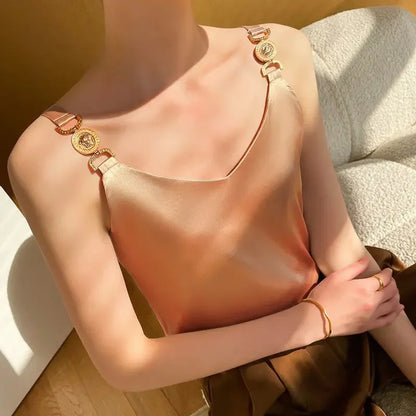 Camiseta sin mangas de satén negro con cuello en V, Top liso a la moda sin mangas para mujer, Tops sexis con espalda descubierta y espagueti de seda elegante con temperamento para verano 2024