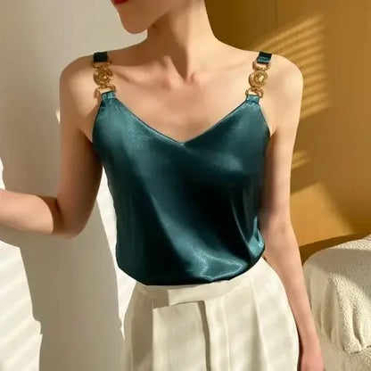 Camiseta sin mangas de satén negro con cuello en V, Top liso a la moda sin mangas para mujer, Tops sexis con espalda descubierta y espagueti de seda elegante con temperamento para verano 2024