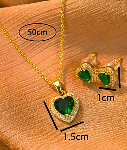 Collar Y Aretes Acero Inoxidable Corazón Circonita Verde Verde