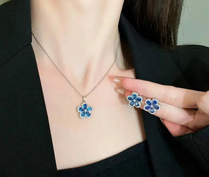 Collar y Aretes Acero Inoxidable Circonita Cubica Flor Azul Calenbi